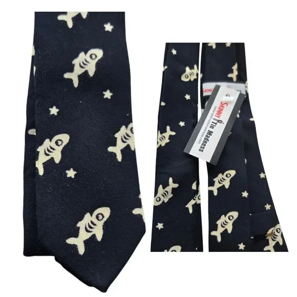 SKINNY TIE‎ MADNESS Neck Tie Black + Shark NWT SKM673