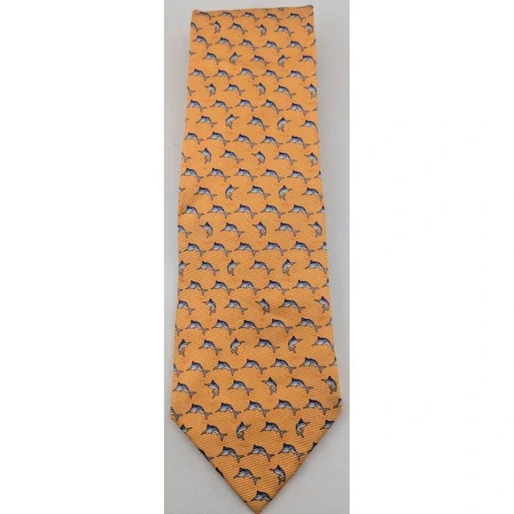 Tommy Hilfiger Orange Silk Tie Marlin Swordfish Nautical Preppy Mens Necktie