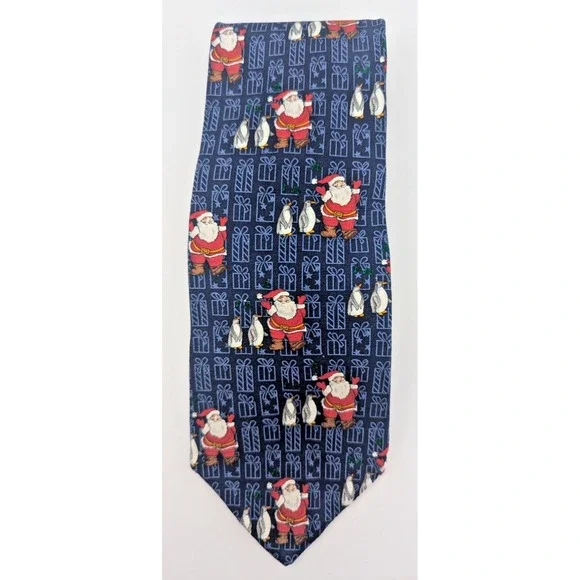 St Nicks Shop Men's 100% Silk Tie Necktie Christmas Santa Claus Penguins Party