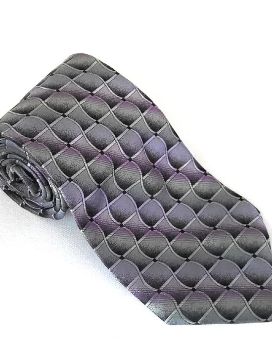 Joseph & Feiss International Retro Necktie Silvery Green Gray & Purple 100% Silk