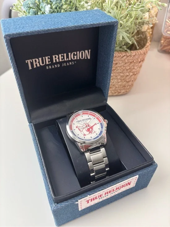 True Religion Men’s Silver Watch with Red and Blue Dial Accents
