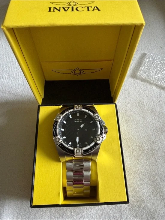 Invicta Silver Watch with Black Dial in Yellow Presentation Box