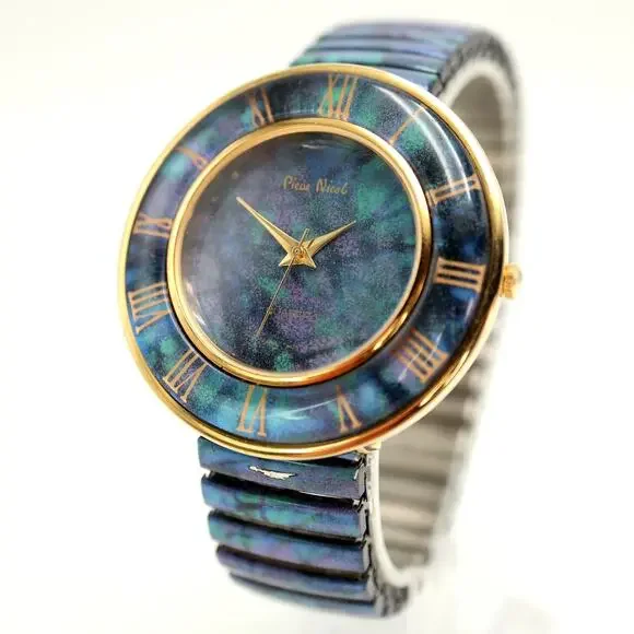 Vintage Pierre Nicol Blue Gold Tone Round 42mm Watch Stretch Band w New Battery
