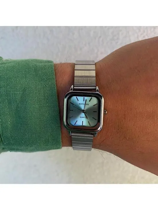 2000s Y2k style silver square blue face watch. Classy sporty style watch