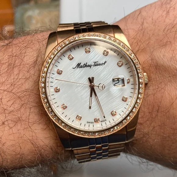 Mathey Tissot H709 rose gold tone, white textured dial, new battery, stainless