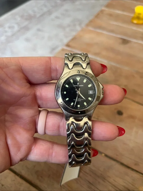 Pierre Cardin Silver-Tone Wave Bracelet Watch with Black Dial