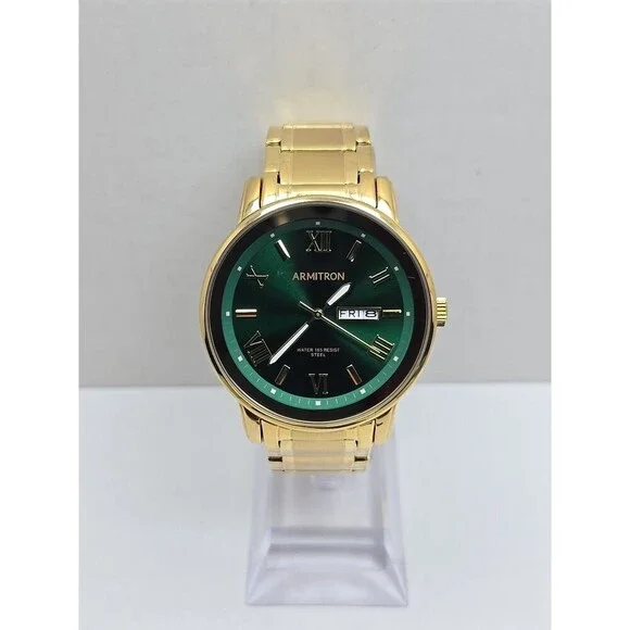 Armitron Mens Gold Tone Green Dial Day Date Quartz Watch 20/4935GP New Battery