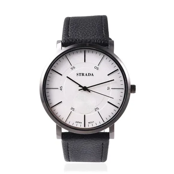 STRADA Watch with Black Faux Leather Straps
