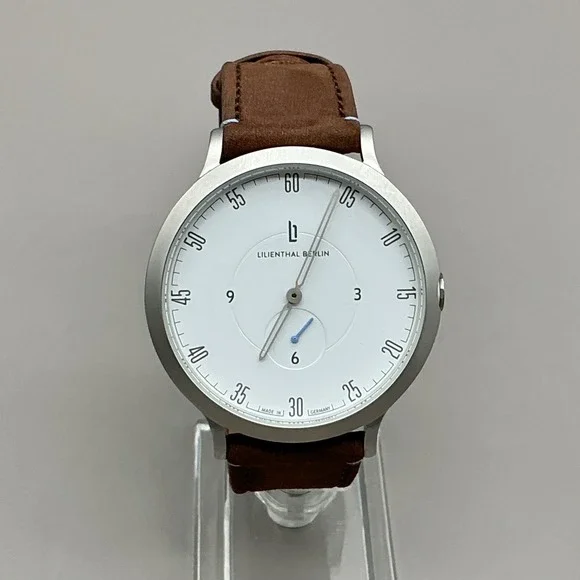 Lilienthal Berlin Watch Mens Silver Tone Brown Leather Quartz L1 NEW BATTERY