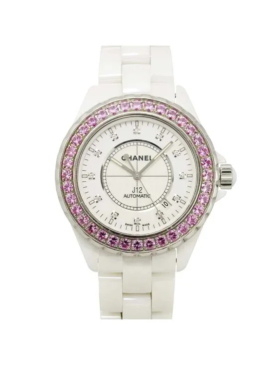 Chanel 42 Watch Date Diamond Pink Saffiano Bezel White Ceramic Automatic Winding