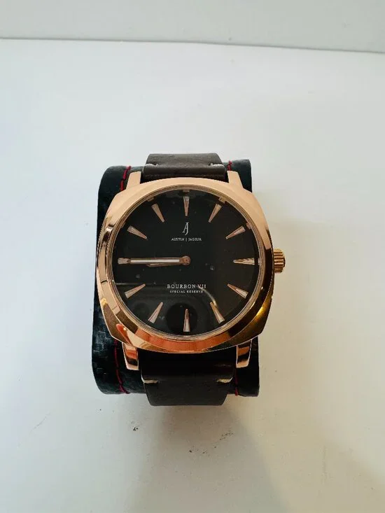 NWOT Austin Jageur Bourbon VII Special Reserve Watch Gold Plated Case Black Dial