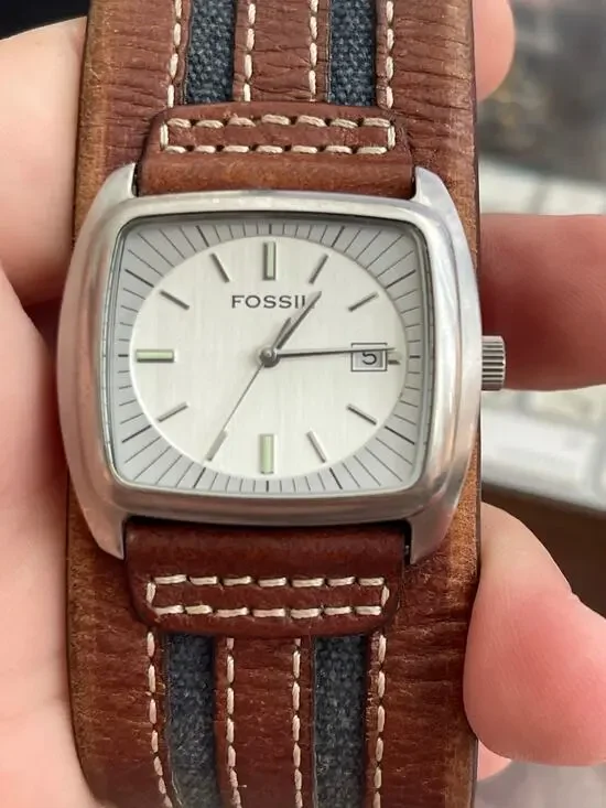 Fossil Men’s Quartz Square Silver Dial Date Brown Leather Strap Wristwatch