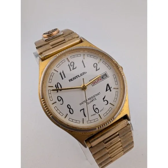 Vintage Rustler Watch Men 34mm Case Gold Stretch Band BPP‎ Monogram- New Battery