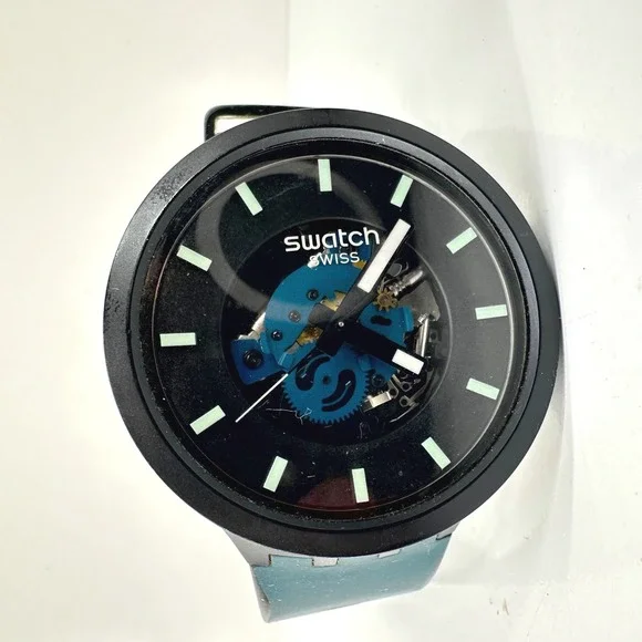 Swatch Watch Big Bold Night Trip Quartz Skeleton Silicone Black Teal SB03B107
