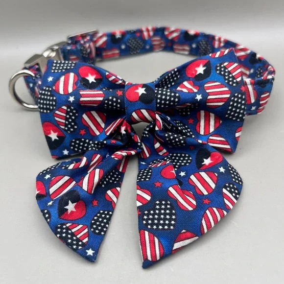 Patriotic Stars Stripes Heart Dog Collar Detachable Bow Tie 15