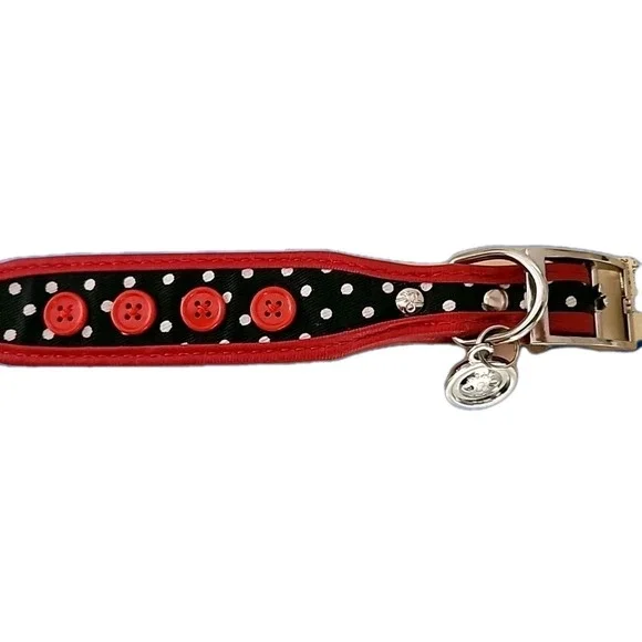 NWT Dog/Cat Collar Black Polka Dot w/Red Button Size XXS 8