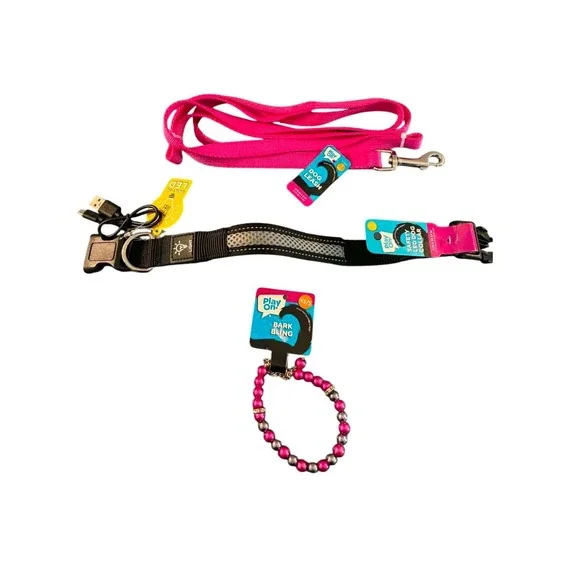Play On! Dog Accessory Set XS/S Pink Black LED Collar Leash Bark Bling Necklace