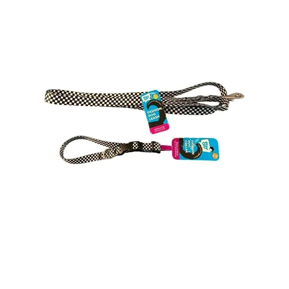 Play On! Collar and Leash Set Dog XS Black White NEW Checkered Pattern