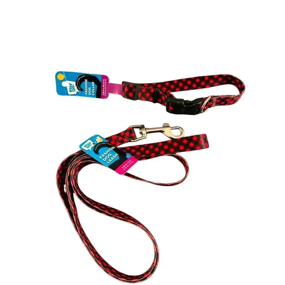Play On! Dog Collar and Leash Set Small Red Black Checkered New NWT Patterned