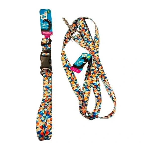 Play On Dog Collar Leash Set Medium Multi Geometric NEW Mosaic Pattern 3/4in