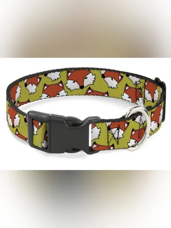 Buckle-Down Cute Fox Face Warm Olive Wide Dog Collar