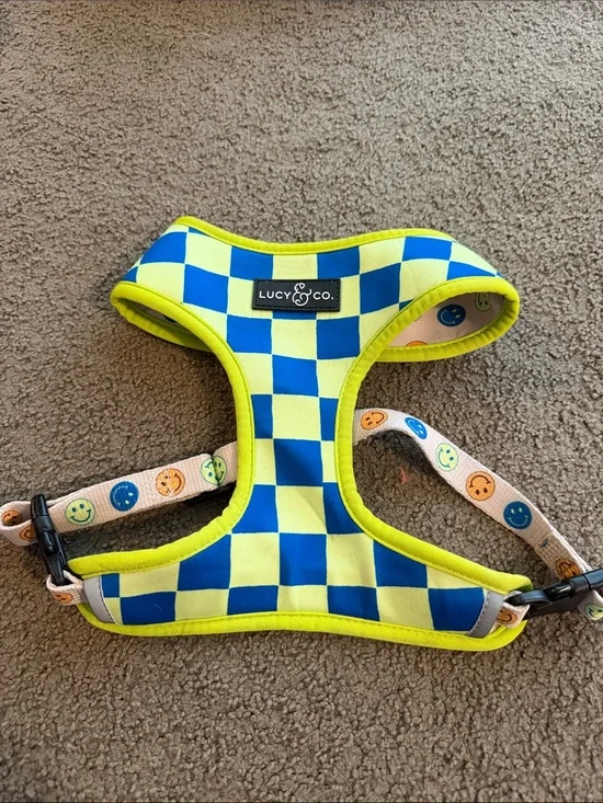 Lucy & Co. Blue and Neon Yellow Checkerboard Dog Harness size large