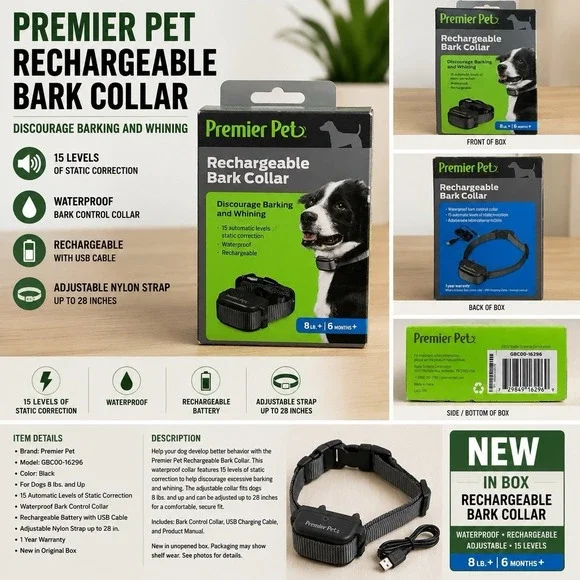 Premier Pet Dog Bark Collar, Discourage Barking & Whining, 15 Levels SEALED NEW