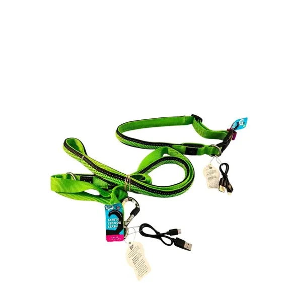 Play On LED Dog Leash and Collar Set M/L Green New USB Rechargeable Safety