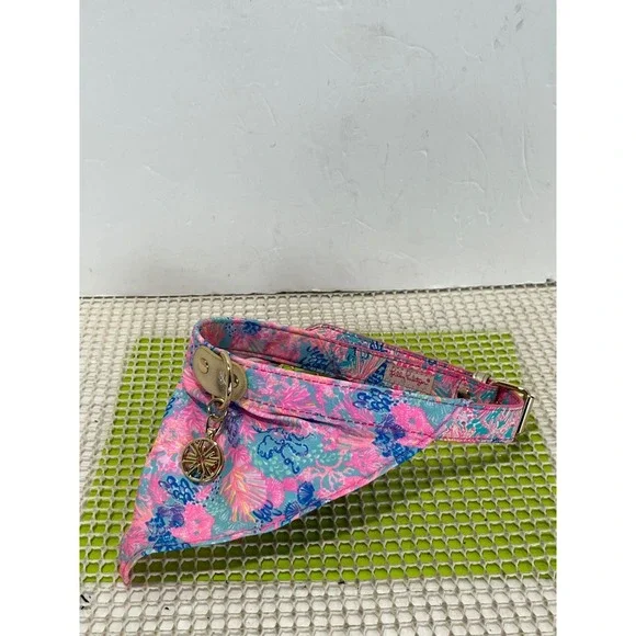 Lilly Pulitzer Dog Collar Pink Blue Floral Shell Print Gold Buckle 24.5in