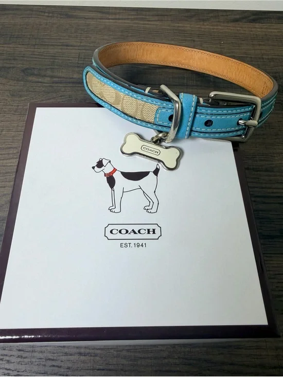 Coach Turquoise and Beige Signature Canvas & Leather Dog Collar with Bone Tag