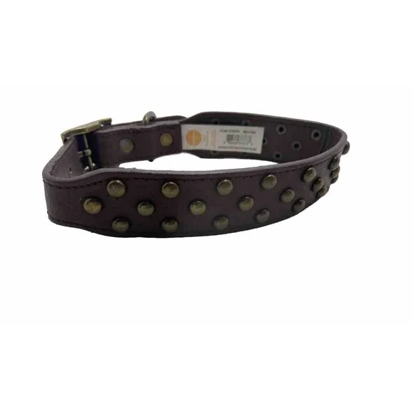 Simply Dog Medium Brown Faux Leather Brass Studded Collar Adjustable Light Use