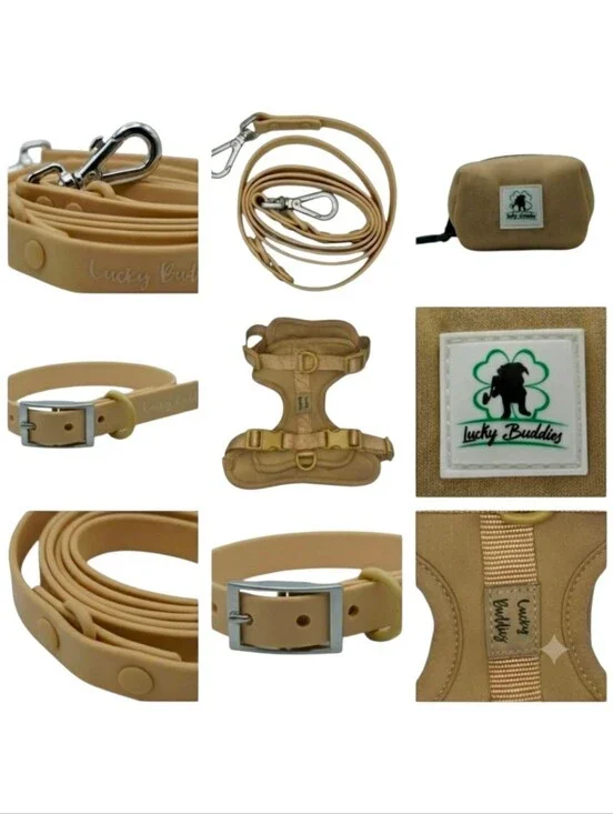 Dog Walking Kit (Harness, Collar, Leash, Poop Bag) - Size Small - Sand