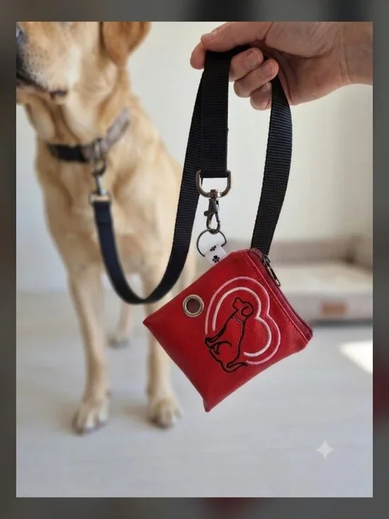 Handcrafted Red Embroidered Dog Poop Bag Holder with Leash Clip Dispenser