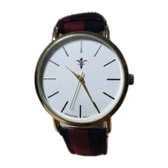 Mens Watch Gold Tone White Fleur De Lis Dial Red Black Plaid Fabric Strap Quartz