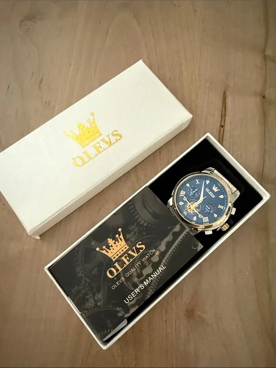 OLEVS Men's Blue Dial Chronograph Watch with Gold Accents