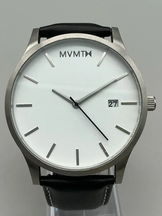 MVMT Classic Men Watch 45mm Stainless White Dial Black Leather New Battery