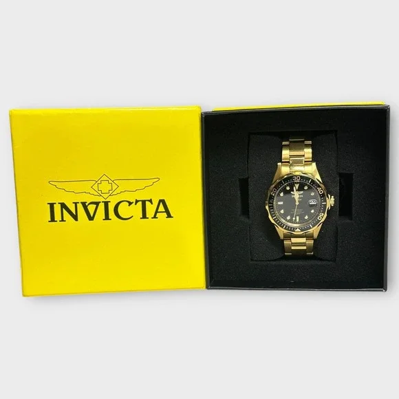 Invicta Watch Gold Tone‎ Mens 40mm Black Dial Date 200M Stainless 8936 Boxed