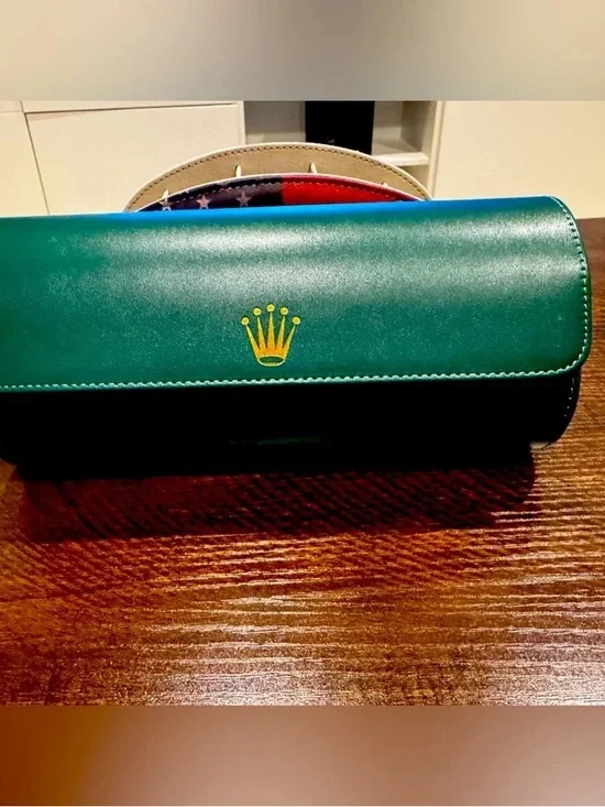 Rolex Green Watch Travel Case with Gold Crown Accent