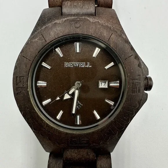 Bewell Thanatos Watch Men Dark Brown Wooden Date Window 47MM Dial New Battery