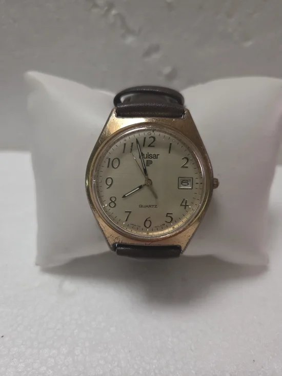 Pulsar By Seiko Gold Tone Quartz Watch with Brown Leather Strap Date