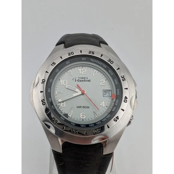Timex I-Control Indiglo Tachymeter Watch Men 40mm Case Leather Band- New Battery