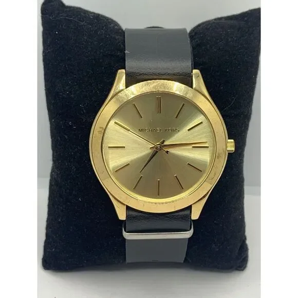 Michael Kors MK3179 Women's Black Leather Strap Analog Gold dial Watch KL194