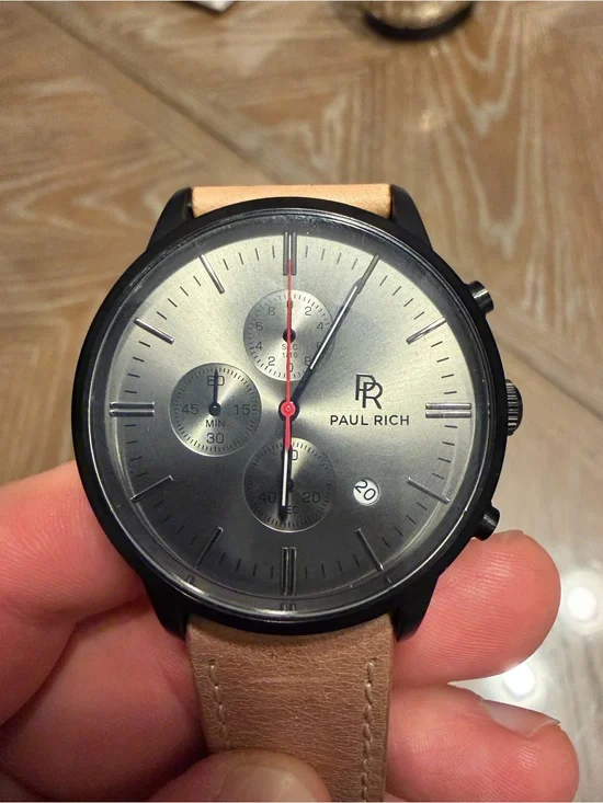 Men's Black Dial Chronograph Watch with Tan Leather Strap