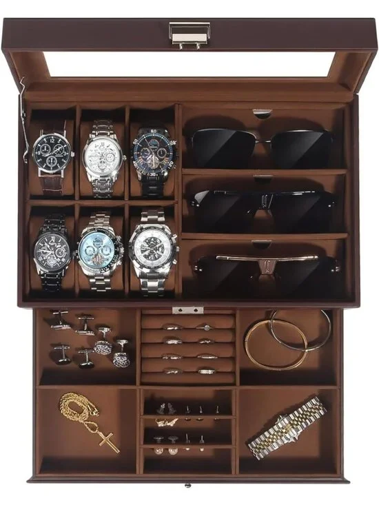 6-Slot Watch Jewelry Box Organizer with Glass Lid, Men's Storage Case & Lock