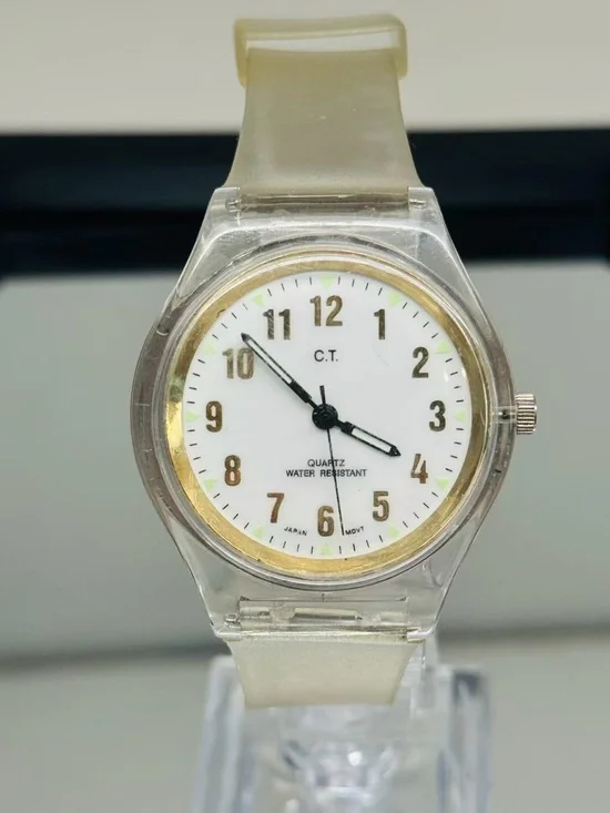 Vintage C.T. Quartz Clear Transparent Watch 36mm Japan Movt New Battery Running