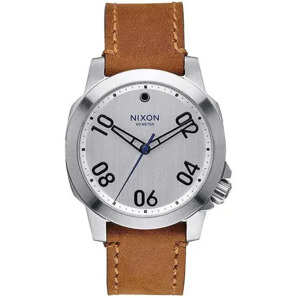 NIXON A471-2092 RANGER SILVER TONE DIAL BROWN LEATHER BAND MENS WATCH