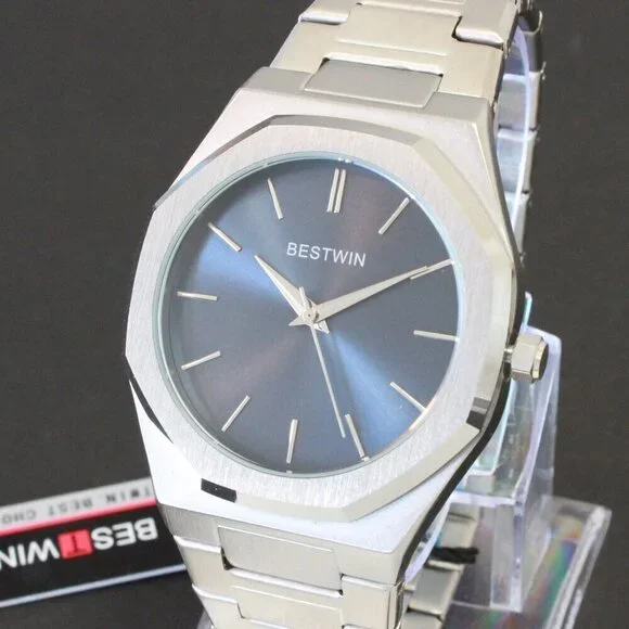Men's Sports Watch Integrated Bracelet Silver Tone Blue Dial 41.5mm