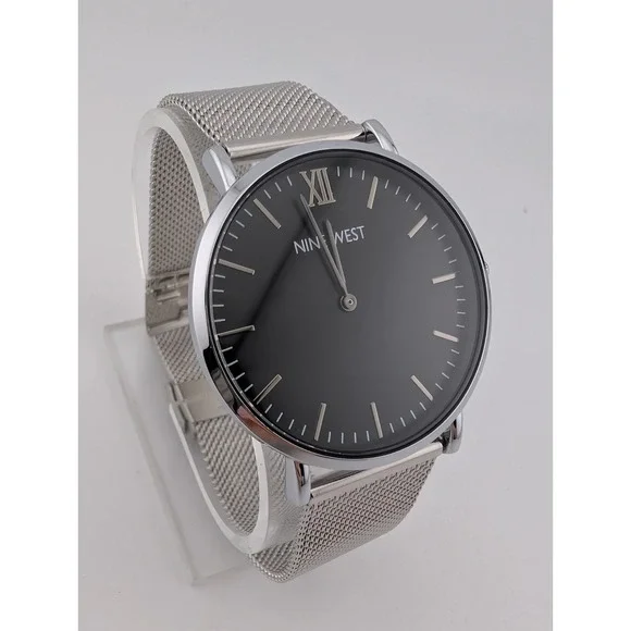 Nine West Watch Men 40mm Case Silver Mesh Metal Band w/ Box- New Battery‎