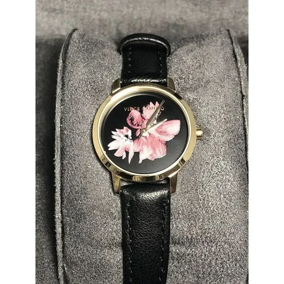 Vince Camuto VC5352 Unisex Black Leather Analog Black Dial Quartz Watch BW114