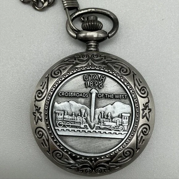 Vintage Collection Pocket Watch Men 46mm Silver Tone Utah 1896 Chain New Battery